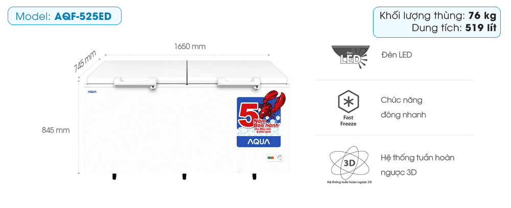 Tủ đông Aqua 519 lít AQF-525ED