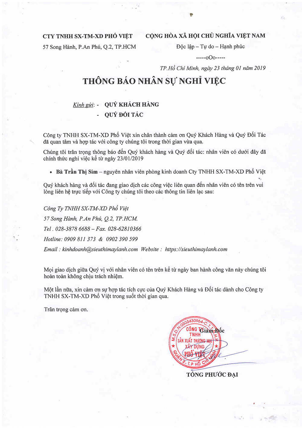 Thông báo nhân sự nghỉ việc