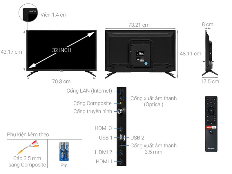 Android Tivi Casper 32 inch 32HG5000 Thông số kỹ thuật Android Tivi Casper 32 inch 32HG5000