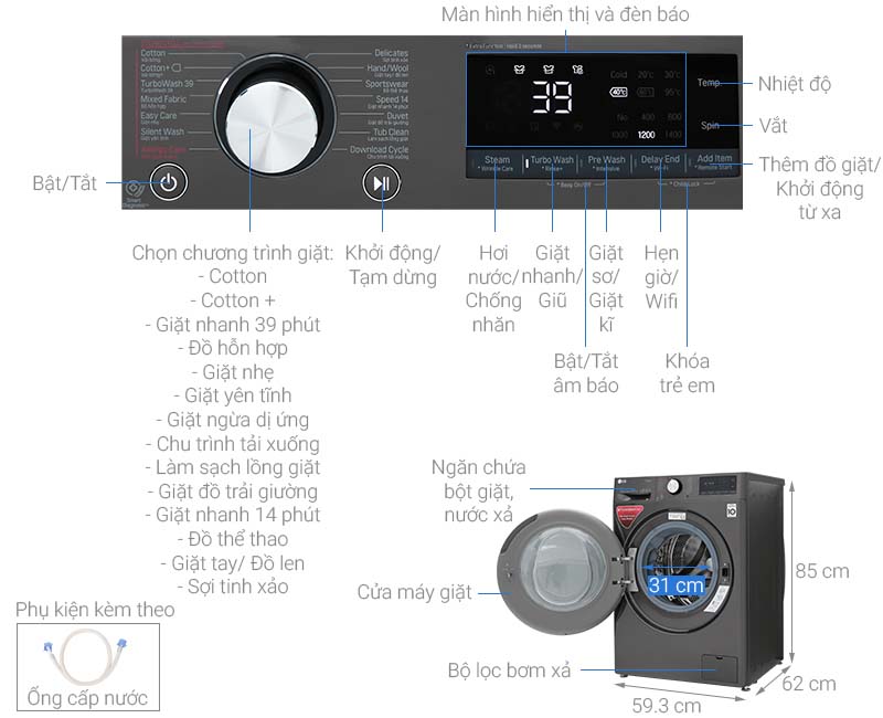 Thông số kỹ thuật Máy giặt LG Inverter 10.5 kg FV1450S2B