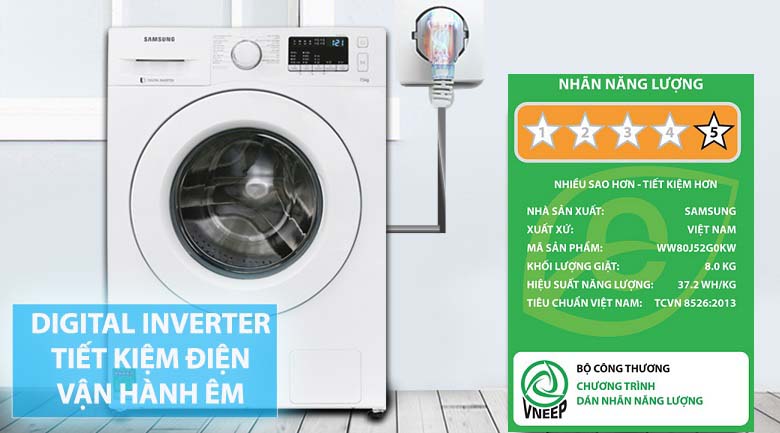 Digital Inverter - Máy giặt Samsung Inverter 8 kg WW80J52G0KW/SV