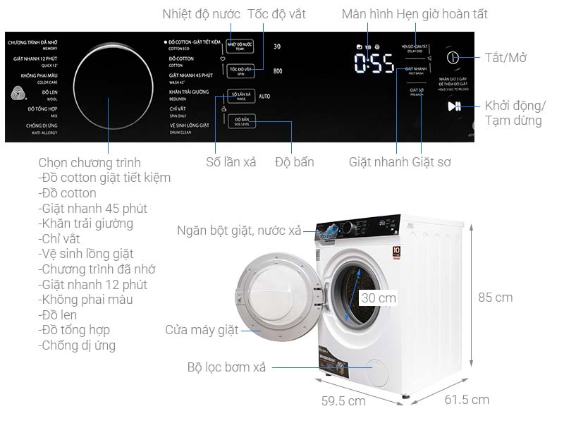 Thông số kỹ thuật Máy giặt Toshiba Inverter 8.5 kg TW-BH95M4V